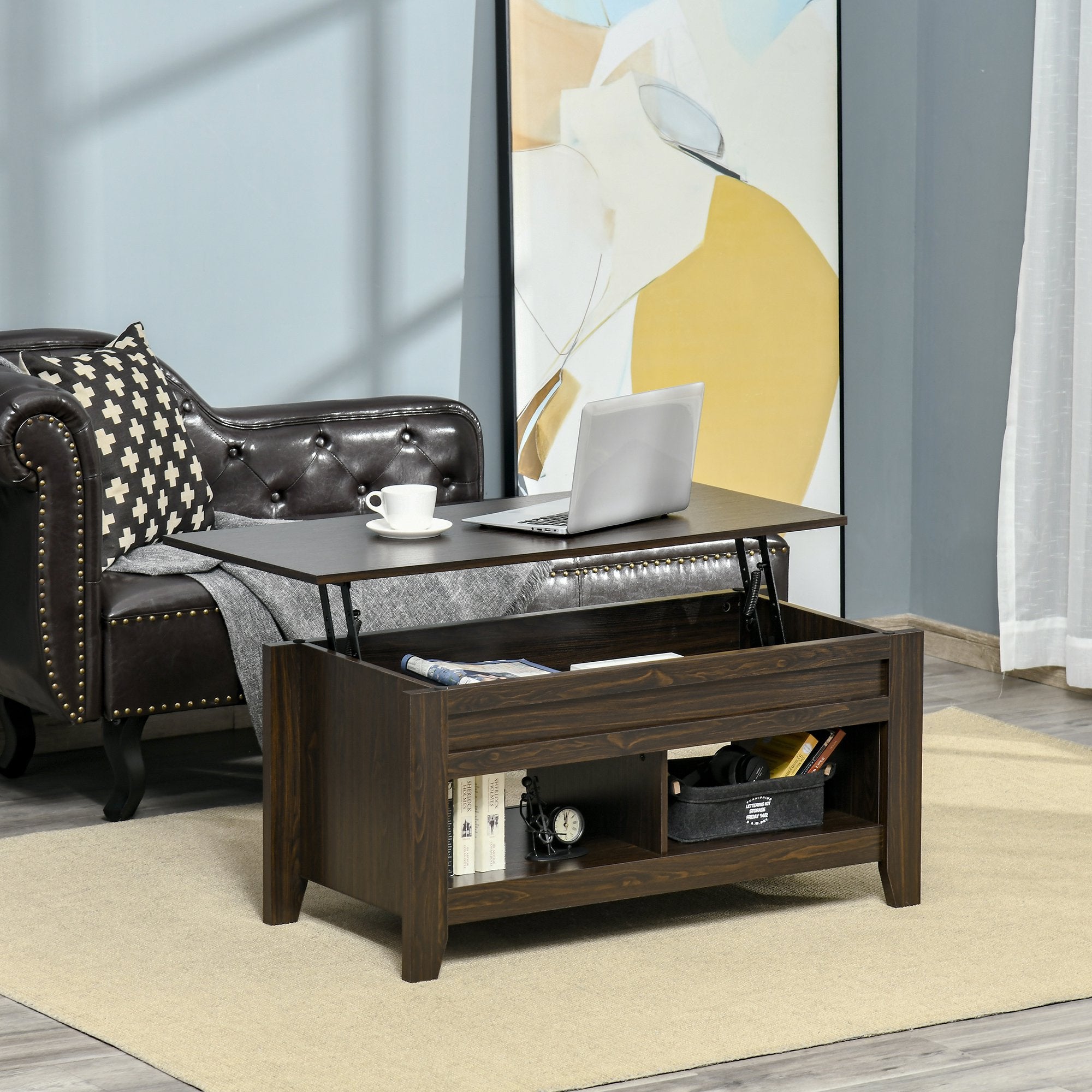 Mesa de Centro Elevable HOMCOM con Compartimento Oculto y Estantes Abiertos